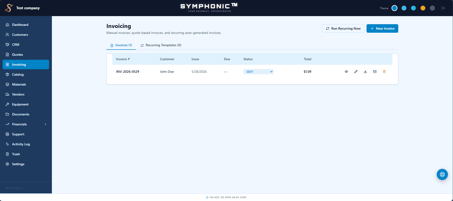 SYMPHONIC invoicing view with manual, quote-based, and recurring invoices.